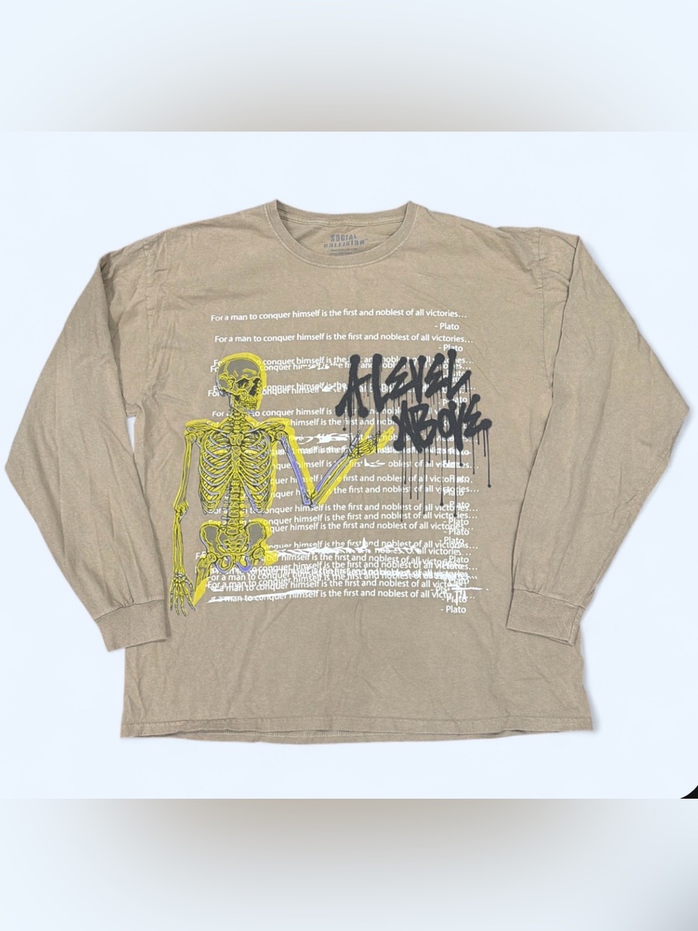 Social Collision Graphic Tan Long Sleeve with Yellow Skeleton Print